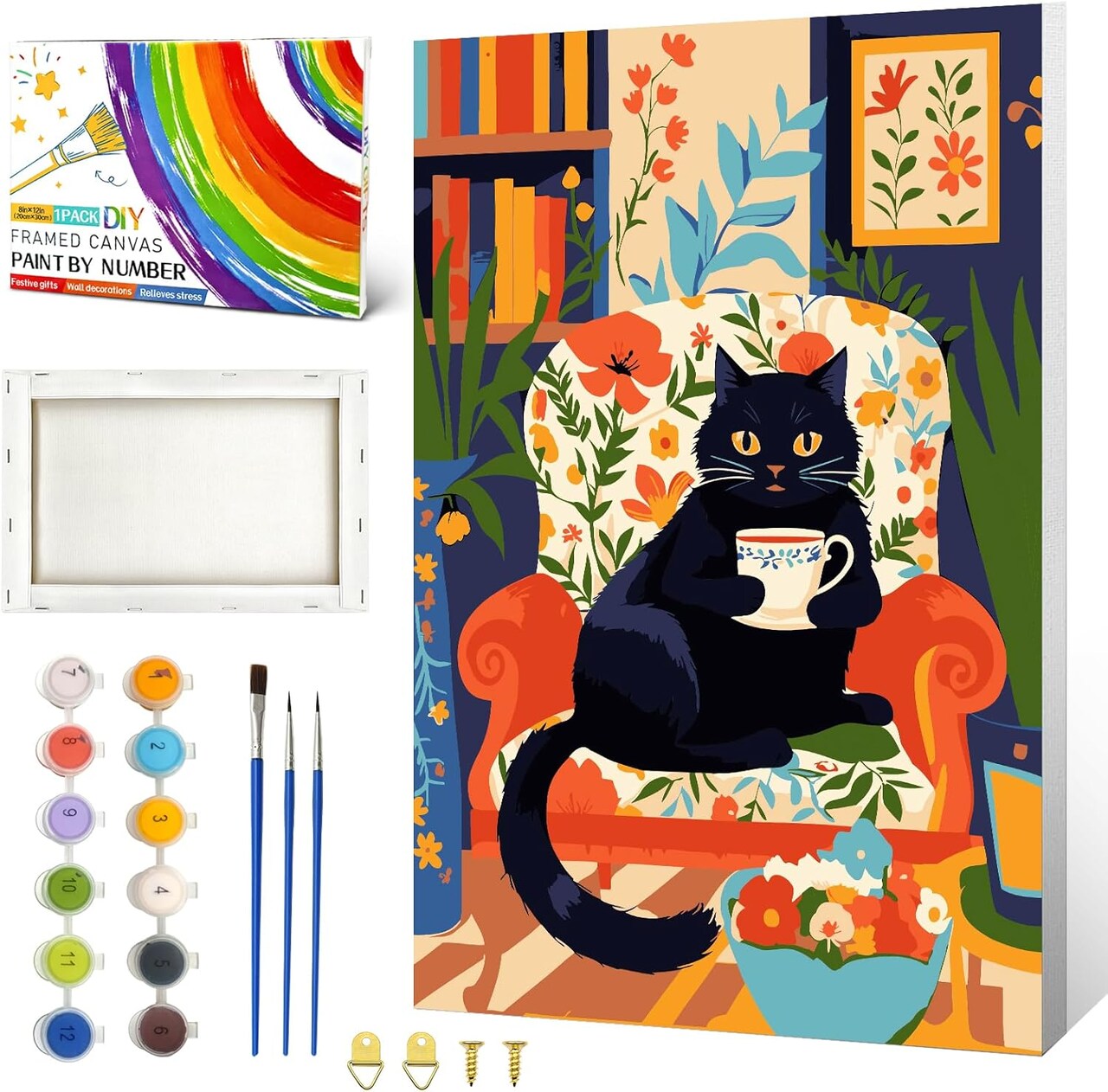 Paint By Number Framed Black Cat Kit for Adults – Small DIY Acrylic Painting Canvas Set, Coffee Kitty Wall Art Decor, 8x12 Inch